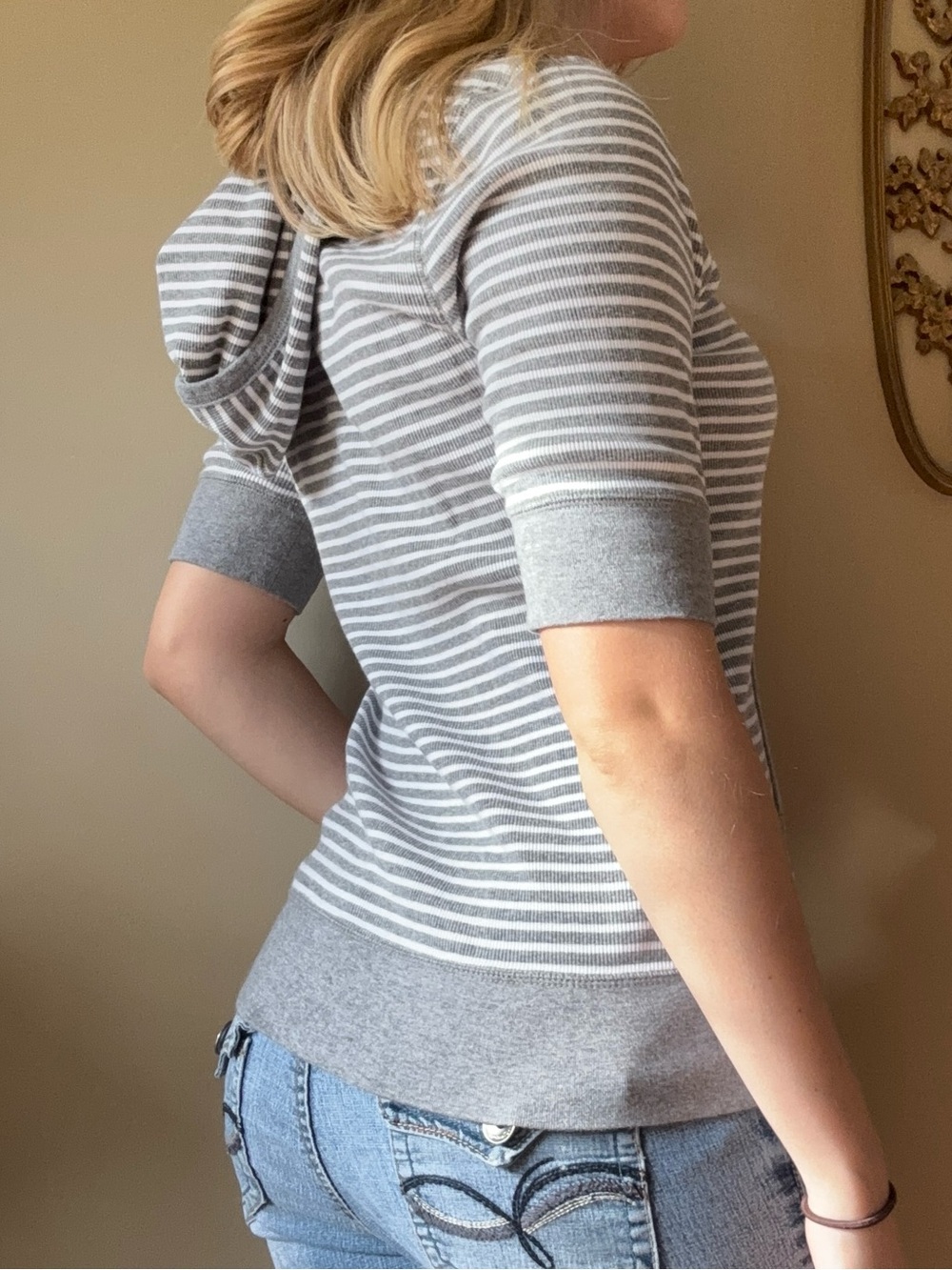 Sonoma Gray & White Striped Hooded Henley Sweater - Picture 8 of 8